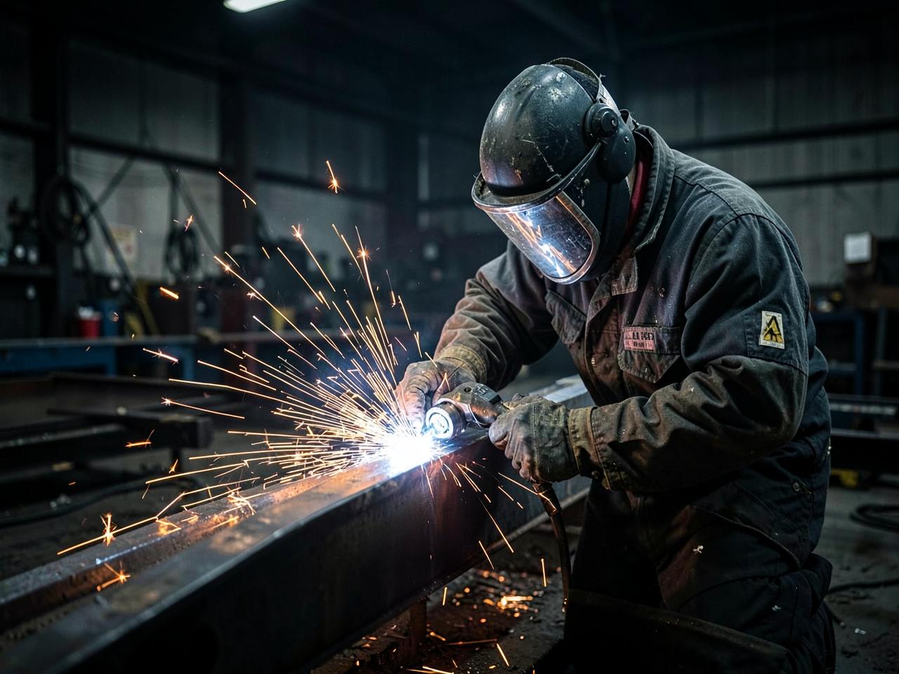 Soudeur certifié assemblant une poutre métallique en atelier