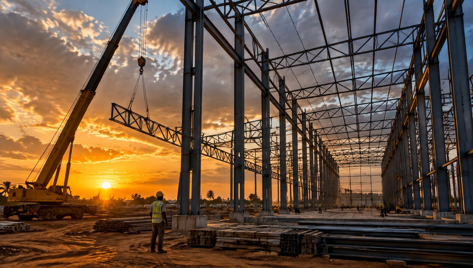 Montage d'une charpente métallique industrielle au coucher du soleil
